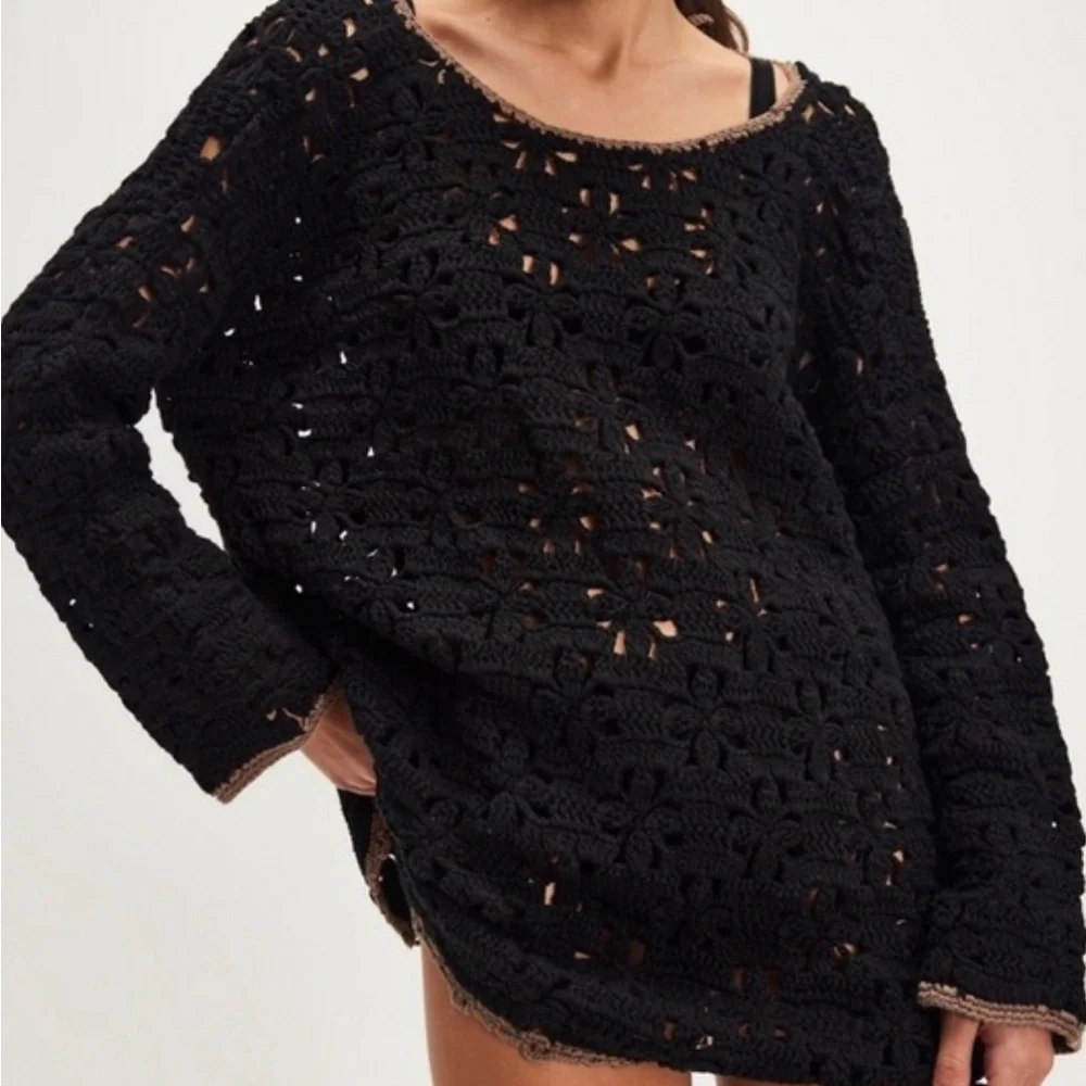 Free People Rue Crochet Tunic XS in Black NWT